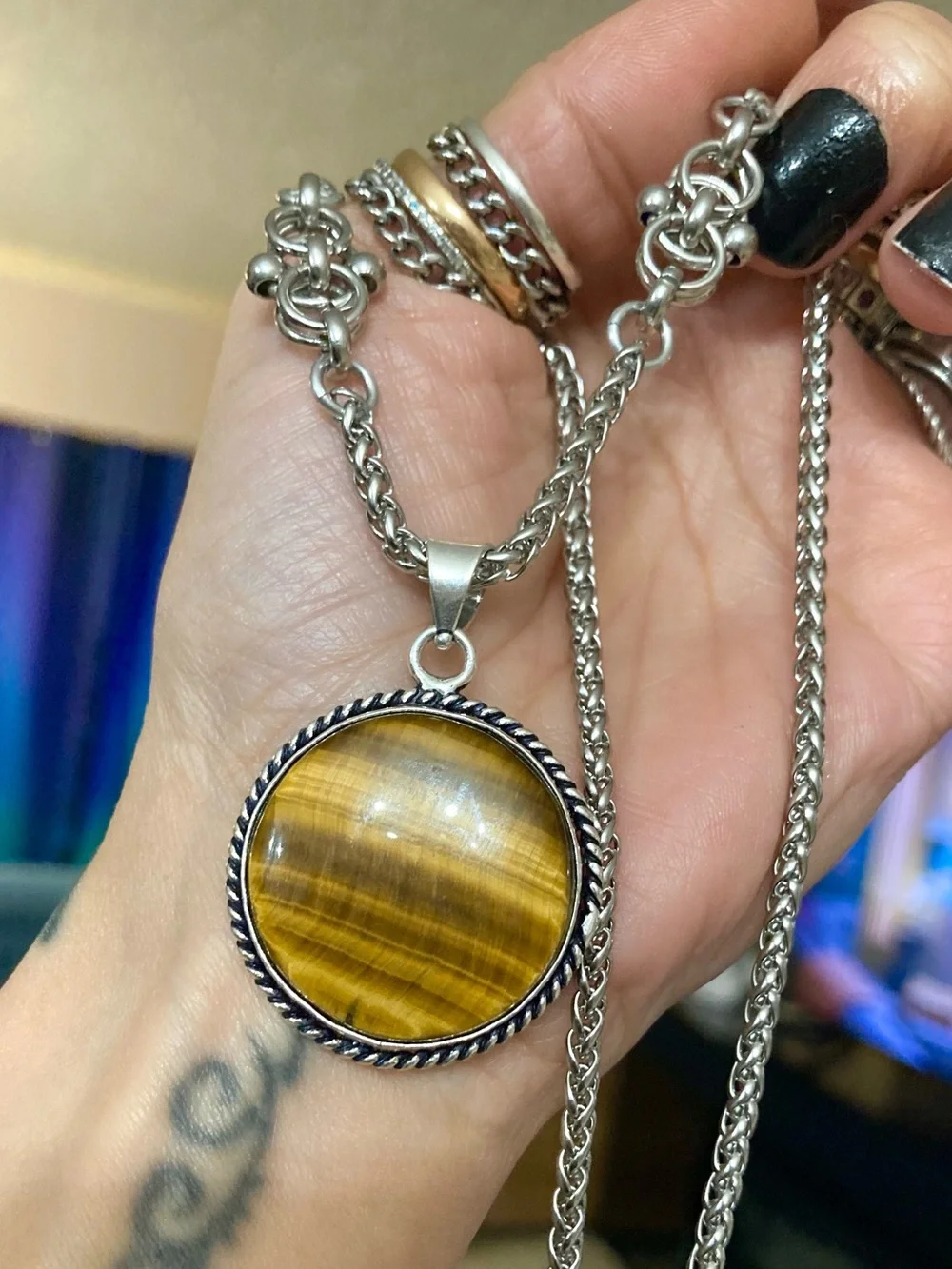 Golden brown tiger eye round gemstone charm Celtic knot steel necklace